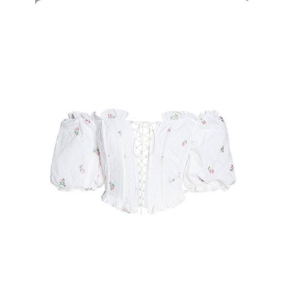 FOR LOVE & LEMONS Rainey Crop Top IVORY XS Eyelet Puff Sleeve Lace-Up - Picture 3 of 9